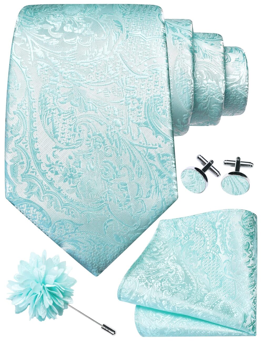 3634 Mint Tie Set Silk Paisley Necktie Pocket Square Cufflinks and Lapel